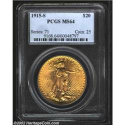 1915-S $20 MS64 PCGS. Orange-peel surfaces impact a lustrous glow. A solid strike for this near-Gem.