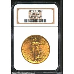 1915-S $20 MS64 NGC. Lustrous and well preserved.From the Aaron Bliss Collection. Important notice:.