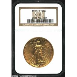 1916-S $20 AU55 NGC. A lightly circulated example that shows minimal abrasions and appealing orange-