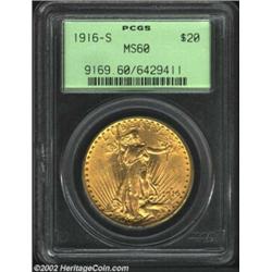 1916-S $20 MS60 PCGS. A lustrous olive-gold example that has surprisingly clean fields, although the