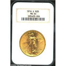 1916-S $20 MS64 NGC. Frosty and lustrous with only a couple of noticeable contact marks on the eagle