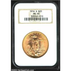 1916-S $20 MS65 NGC. Pleasing light gold color with exceptionally clean fields and some very light m