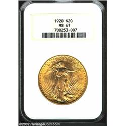 1920 $20 MS61 NGC. Lustrous and bright, the surfaces are bathed in well blended orange-gold and gold