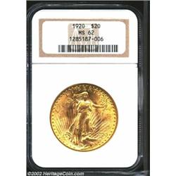 1920 $20 MS62 NGC. Highly lustrous with no distracting marks.From the Aaron Bliss Collection. Import