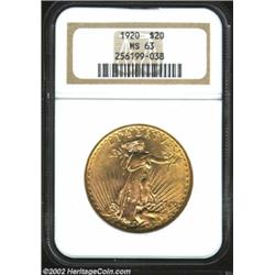 1920 $20 MS63 NGC. Nicely struck, lustrous, with a minimum of abrasions.From the George Coyman Colle