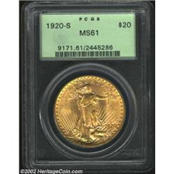 1920-S $20 MS61 PCGS. We are pleased to be offering not one, but two Mint State survivors of this si