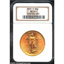 1920-S $20 MS64 NGC. In an average year, the elusive, heavily melted 1920-S Twenty makes a handful o