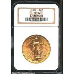 1922 $20 MS62 NGC. Satiny yellow-gold example that is lustrous.From the Aaron Bliss Collection. Impo