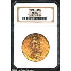 1922 $20 MS64 NGC. Smooth, lustrous surfaces with very few abrasions.From the George Coyman Collecti