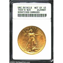 1922-S $20--Scratched, Damaged--ANACS. Unc Details, Net XF45. A short horizontal scratch covers seve