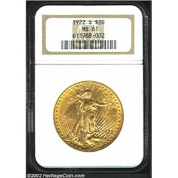 1922-S $20 MS61 NGC. Well detailed for the issue and displaying scattered surface marks primarily on