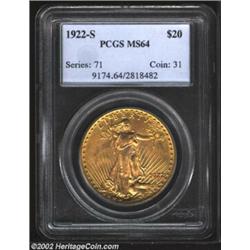 1922-S $20 MS64 PCGS. The 1922-S is a popular Saint from the 1920s as it is one of the very few issu