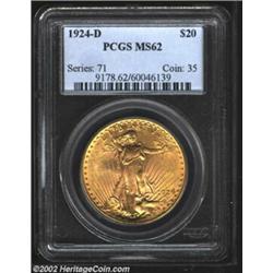 1924-D $20 MS62 PCGS. One of two Mint State '24-D Saints in this sale, the present BU quality exampl