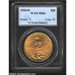 1924-D $20 MS64 PCGS. The 1924-D is a moderate rarity from the 1920s. Akers considers it a Low R.7 a