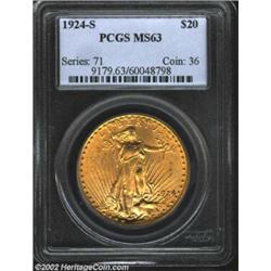 1924-S $20 MS63 PCGS. Frosty greenish-gold surfaces are uniformly satiny and have acquired a pleasin