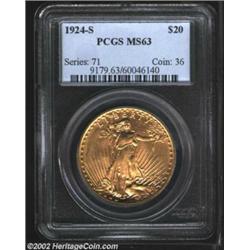 1924-S $20 MS63 PCGS. Golden-rose and deeper orange-gold colors alternate as the coin rotates into a