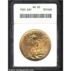 1925 $20 MS63 ANACS. A great looking Saint with rich golden color. A few contact marks on the obvers