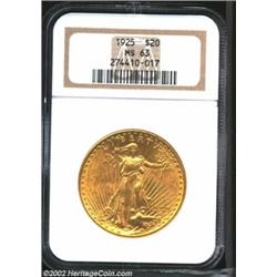 1925 $20 MS63 NGC. Lustrous, yellow-gold surfaces with a minimum of blemishes. From the Aaron Bliss.