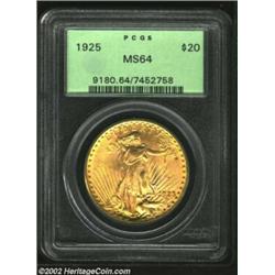 1925 $20 MS64 PCGS. Rosy gold in color, this example would make an attractive addition to a 20th Cen