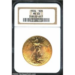 1926 $20 MS63 NGC. Lustrous and satiny. From the Aaron Bliss Collection. Important notice: We expect