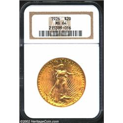 1926 $20 MS64 NGC. Bright and satiny with only a handful of minute luster grazes.From the George Coy