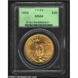 1926 $20 MS64 PCGS. Exceptionally clean, showing bright, yellow-gold color, and good luster.From the