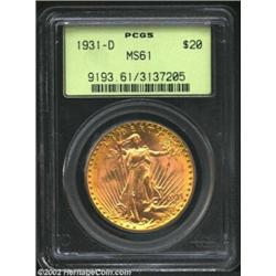 1931-D $20 MS61 PCGS. This is another issue at the end of the Saint-Gaudens Double Eagle series that