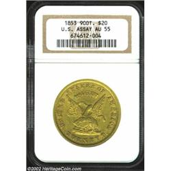 1853 $20 Assay Office Twenty Dollar, 900 Thous. AU55 NGC. K-18, R.2. The San Francisco Fire of 1906.