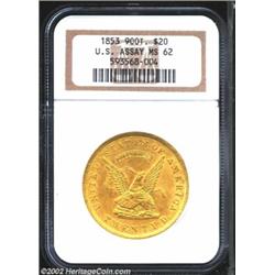 1853 $20 Assay Office Twenty Dollar, 900 Thous. MS62 NGC. K-18, R.2. Sharply struck, the surfaces sp