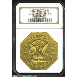 1852 $50 Assay Office Fifty Dollar, 900 Thous. AU58 NGC. K-14, High R.5. Although dated 1852, Fiftie