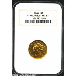 1860 $5 Clark, Gruber & Co. Five Dollar MS61 NGC. K-2, R.4. A sharp looking example, there are very.