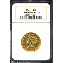 1861 $10 Clark, Gruber & Co. Ten Dollar AU58 NGC. K-7, R.4. This well preserved, minimally circulate