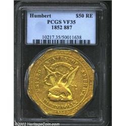 1852 $50 RE Humbert Fifty Dollar, 887 Thous. VF35 PCGS. K-11, R.5. A moderately worn example of this