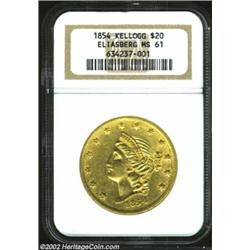 1854 $20 Kellogg & Co. Twenty Dollar MS61 NGC. Long Arrows. K-2, R.4. Ex: Eliasberg. Redbook Plate C