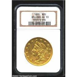 1855 $20 Kellogg & Co. Twenty Dollar AU53 NGC. K-3b, R.5. This is the Short Arrows variant with the.