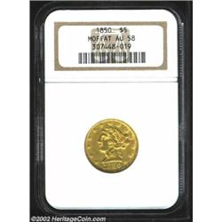 1850 $5 Moffat & Co. Five Dollar AU58 NGC. K-7, R.4. Struck shortly after discovery of gold on the A