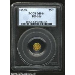 1855/4 25C Liberty Octagonal 25 Cents, BG-106, R.5, MS64 PCGS. Mellow golden in color, this coin pos