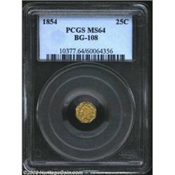 1854 25C Liberty Octagonal 25 Cents, BG-108, R.5, MS64 PCGS. An olive-gold near-Gem that is well str