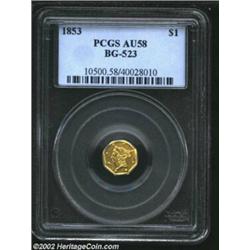 1853 $1 Liberty Octagonal 1 Dollar, BG-523, High R.6, AU58 PCGS. The yellow-green surfaces retain ne