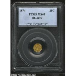 1874 25C Indian Round 25 Cents, BG-875, R.6, MS63 PCGS. This specimen possesses prooflike surfaces,.