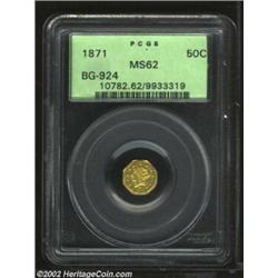 1871 50C Liberty Octagonal 50 Cents, BG-924, R.4, MS62 PCGS. Double punched G initial. The 7 in the.