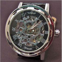 MENS MILITARY SILVER FACE SKELETON WRIST WATCH