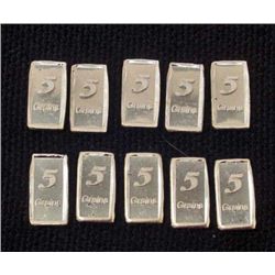 LOT OF 10 .999 PURE SILVER 5 GRAIN INGOT BARS