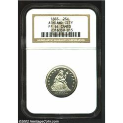 1855 25C PR64 Cameo NGC. The 1855 is the second of only two P-mint No Motto Seated Quarters to displ