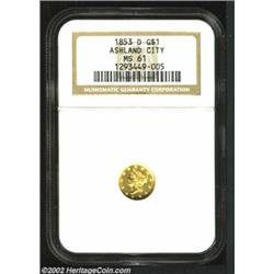 1853-D G$1 MS61 NGC. Winter 5-G, the only known dies. In grades above the XF level, the 1853-D is th