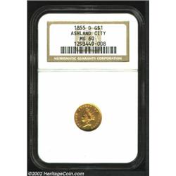 1855-D G$1 MS60 NGC. Winter 7-I, the only known dies. At the request of Colonel James Ross Snowden,.