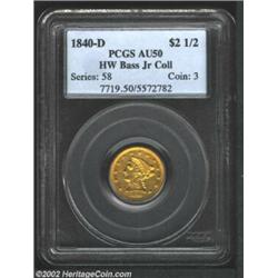 1840-D $2 1/2 AU50 PCGS. Ex: Bass. Winter 1-A. The 1840-D is an important issue as it is the first L