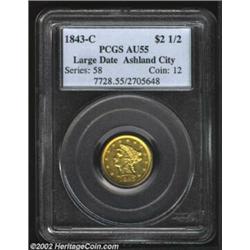 1843-C $2 1/2 Large Date AU55 PCGS. Winter 5-D. The date and mintmark are both repunched on this pie