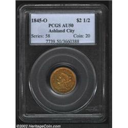 1845-O $2 1/2 AU50 PCGS. A second and even higher graded example of this rarely seen O-mint Quarter.