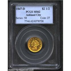 1847-D $2 1/2 MS62 PCGS. Winter 9-L. Like its C-mint counterpart, the 1847-D is a frequently encount